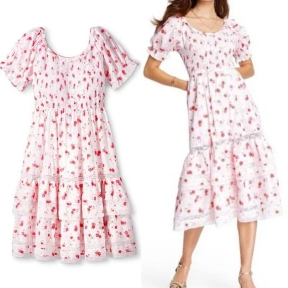 LoveShackFancy X Target Cosette Floral Midi Dress Smocked Cottagecore Lace Pink - Picture 11 of 14